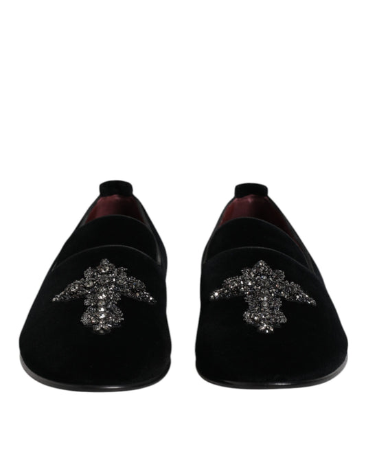 Black Velvet Embellished Loafer Slip On Shoes