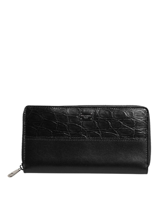 Black Leather DG Plaque Zip Around Continental Wallet