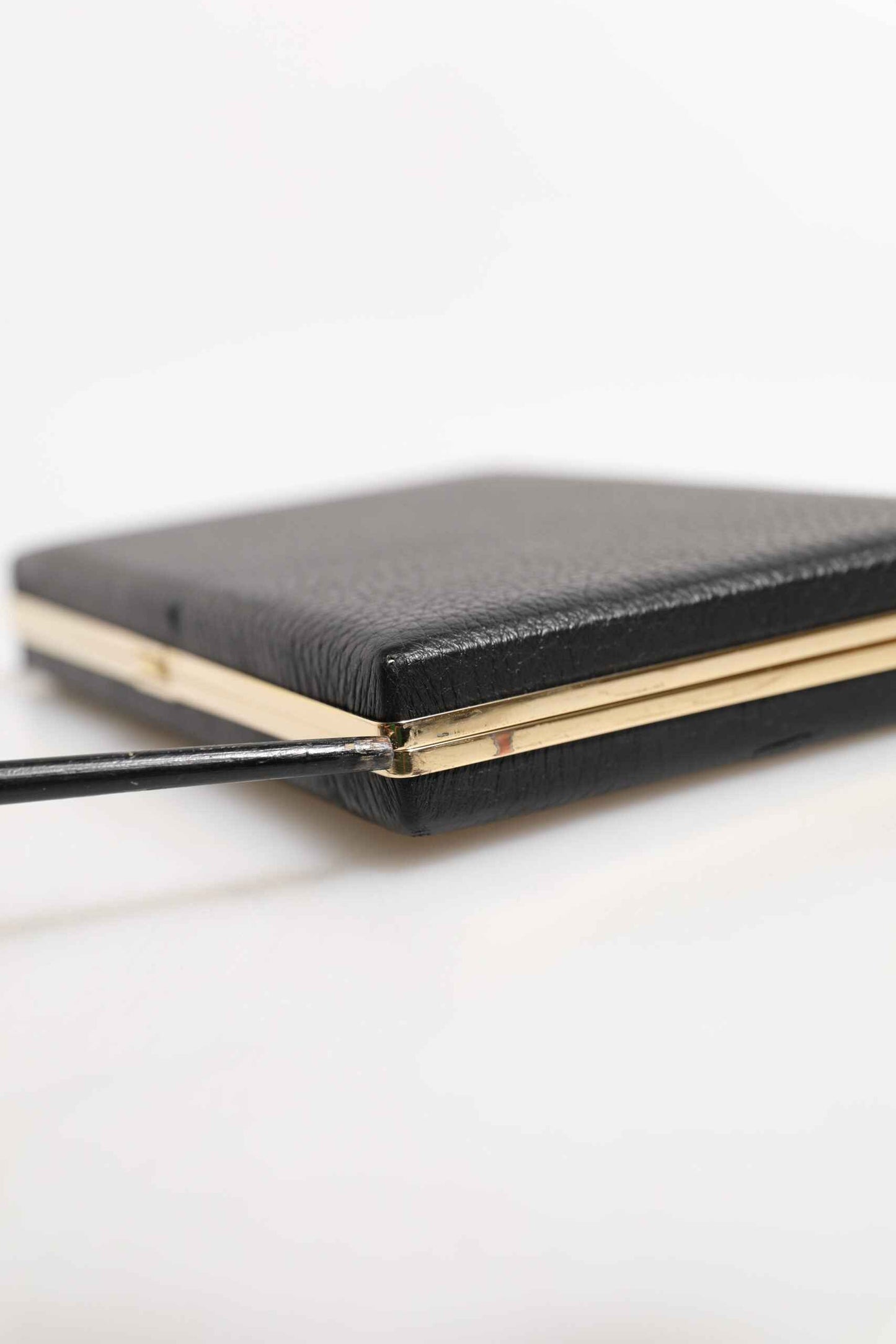 Black Leather Gold Frame Clutch Evening Party Purse Bag