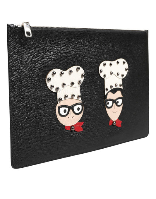 Black Leather #DGFAMILY Embellished Men Clutch Pouch Bag