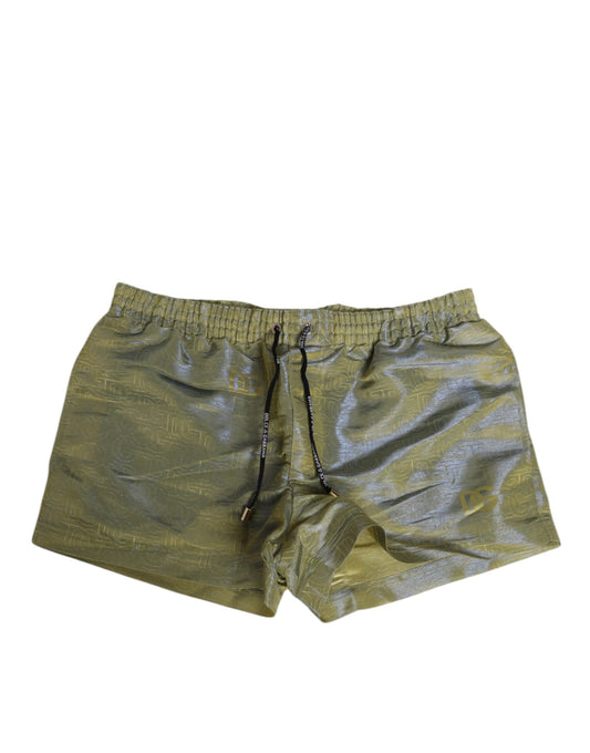 Green Polyester Metallic Logo Print Men Swimwear