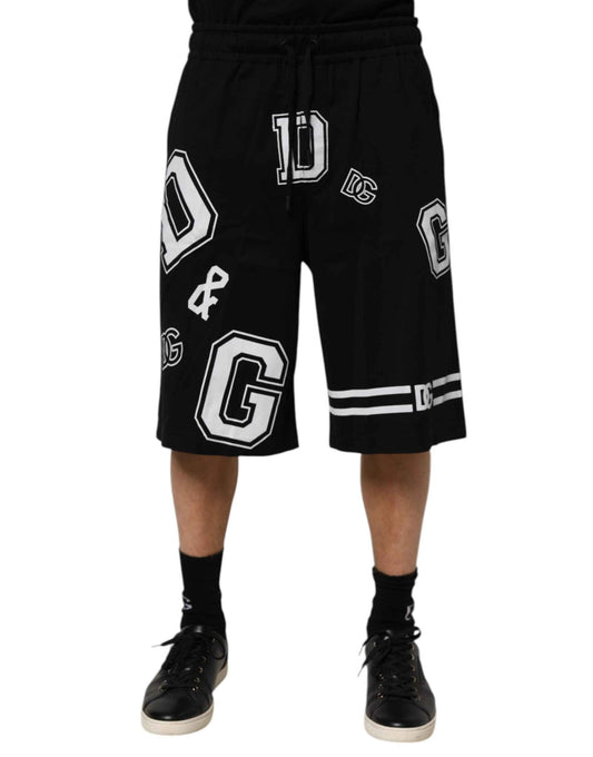 Black Logo Print Cotton Casual Bermuda Short