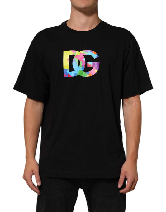 Black Logo Print Cotton Men Crew Neck T-shirt