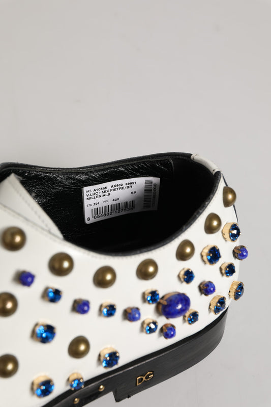 White Leather Crystals Embellished Dress Shoes