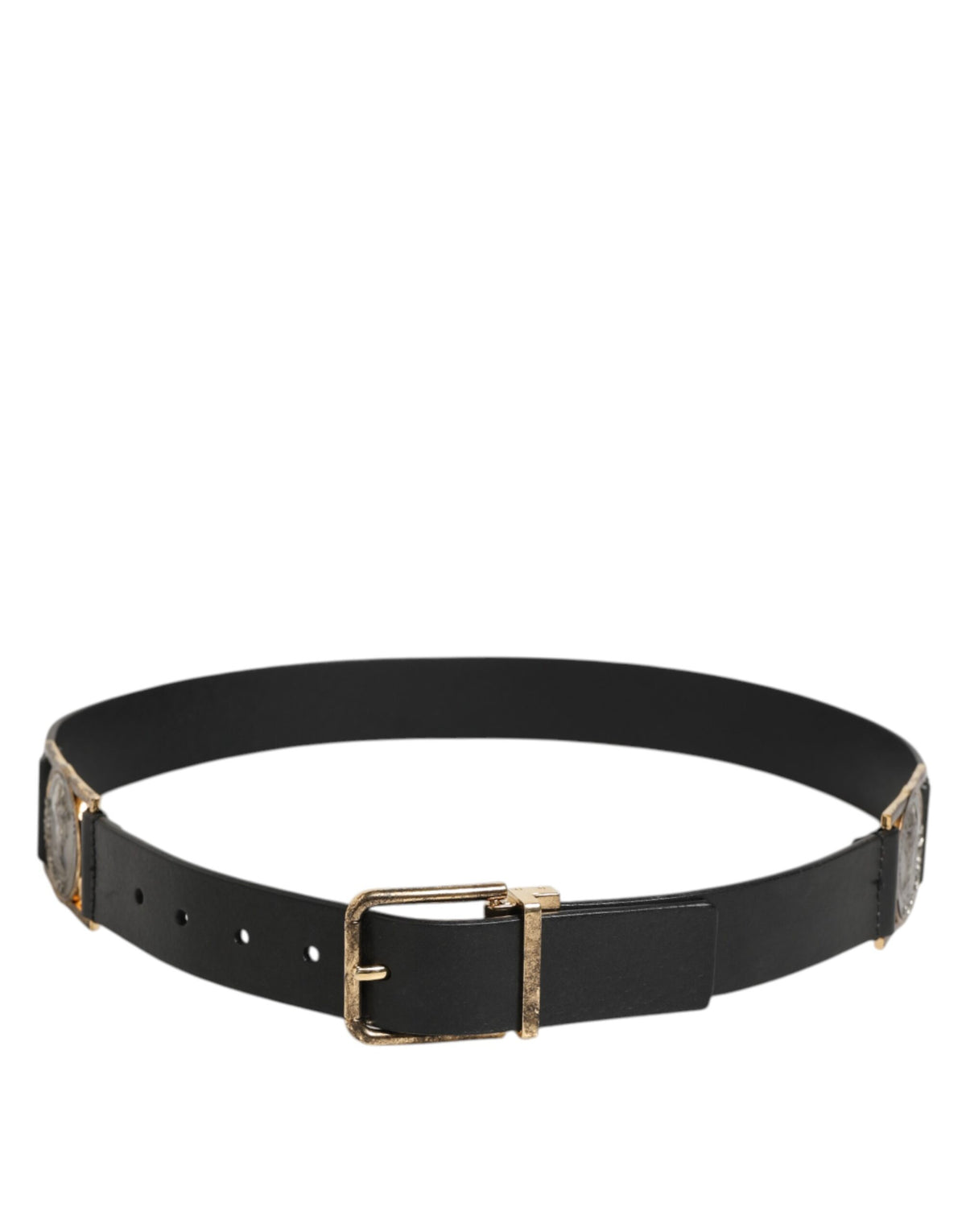 Black Leather Gold Silver Coin Buckle Belt