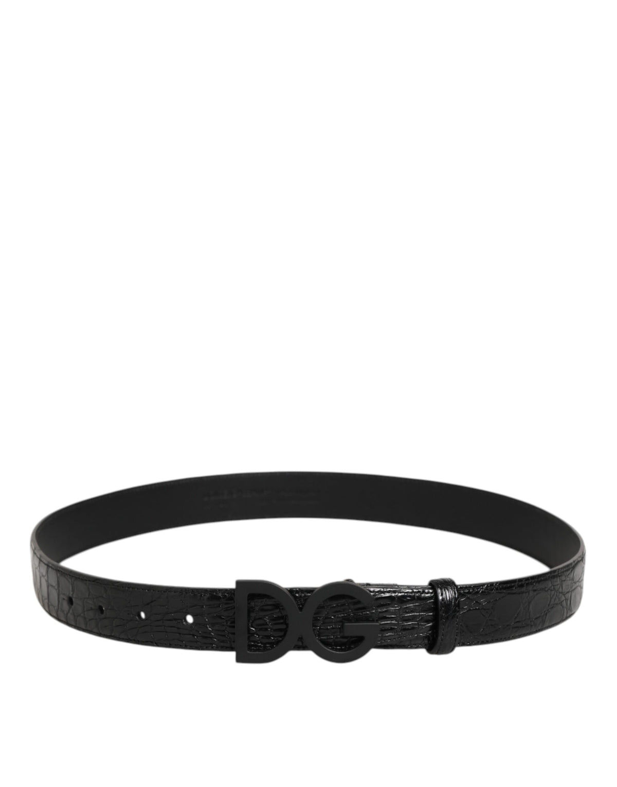 Black Exotic Leather Metal Logo Buckle Belt