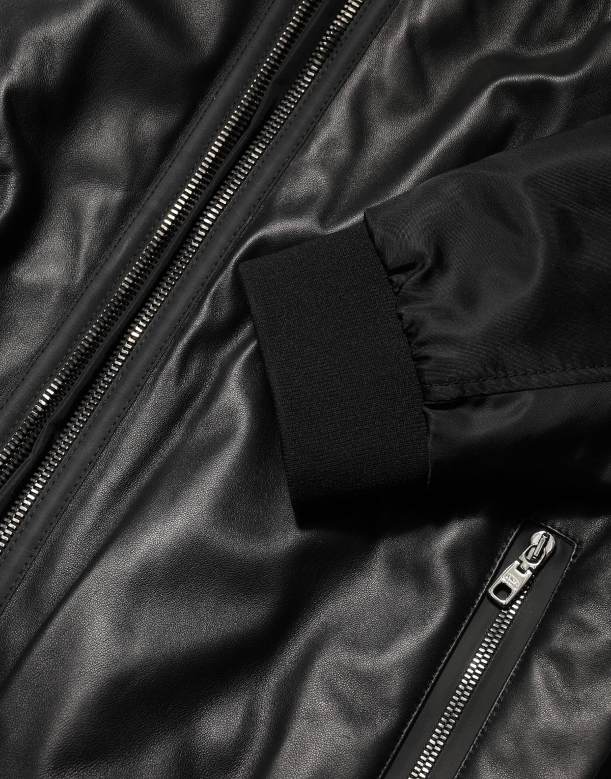 Black Leather Nylon FullZip Blouson Jacket