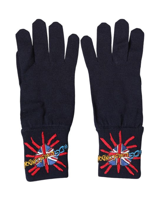 Blue Wool Knit #DGLovesLondon Embroidered Mitten Gloves