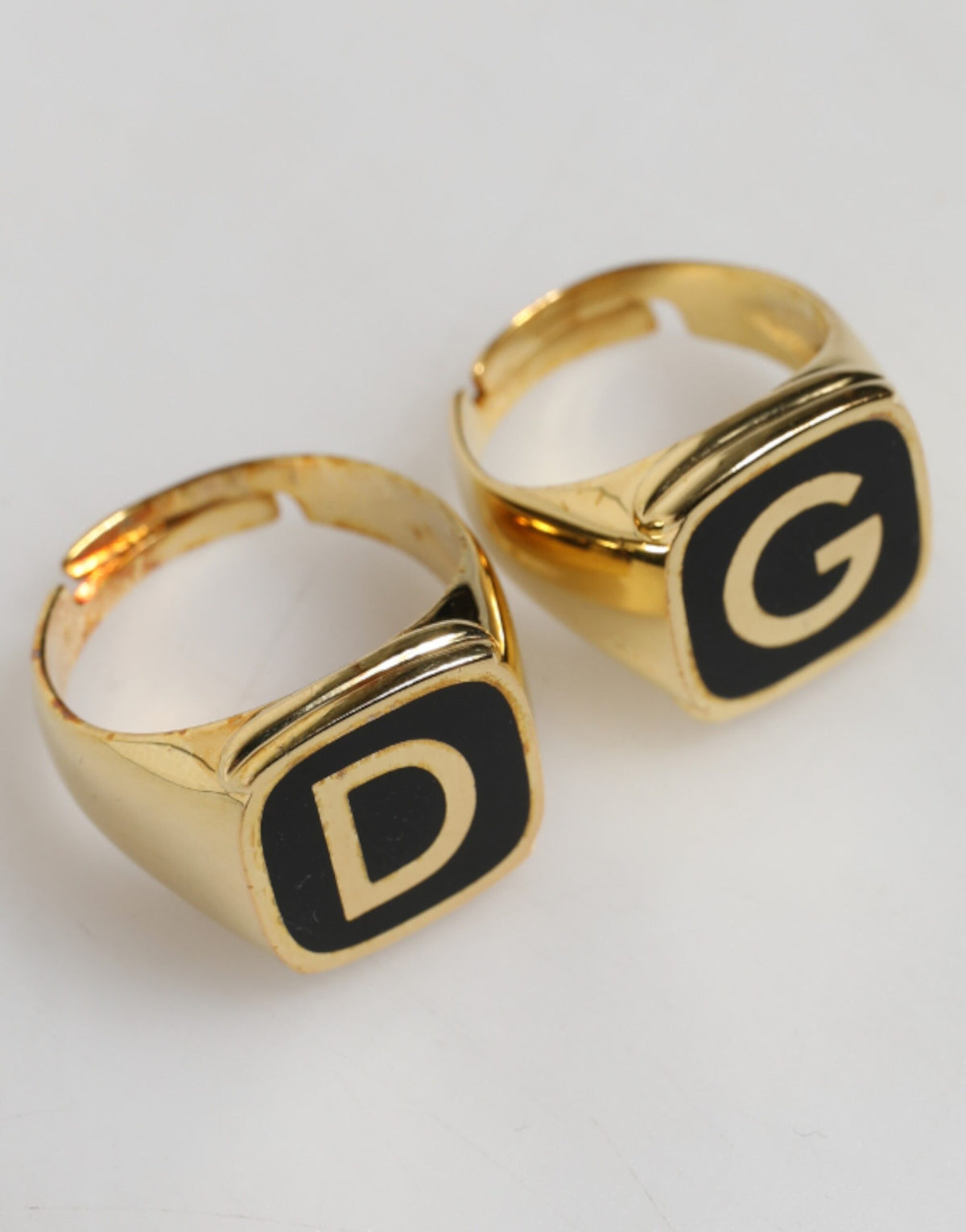 Gold-Tone Real Brass Black Enamel "DG" Adjustable Rings