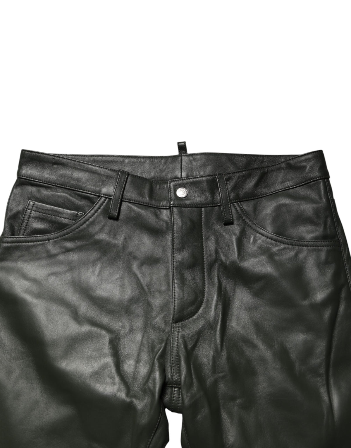 Black Full Grain Leather Mid Waist Trouser Pants
