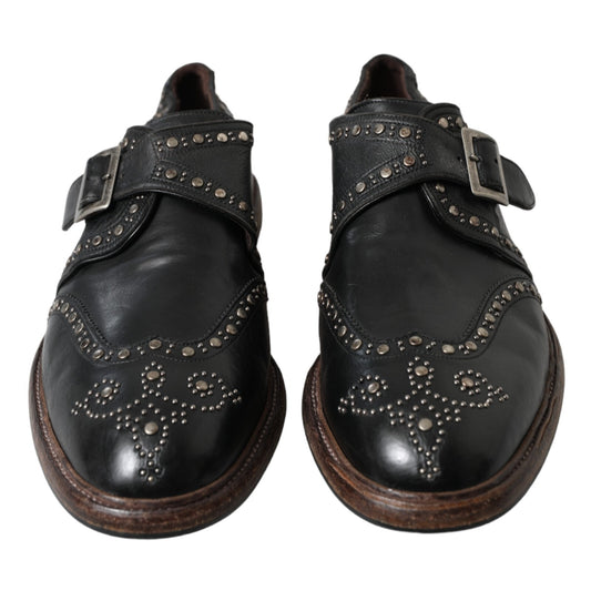Black Leather Monk Strap Studded Dress Shoes