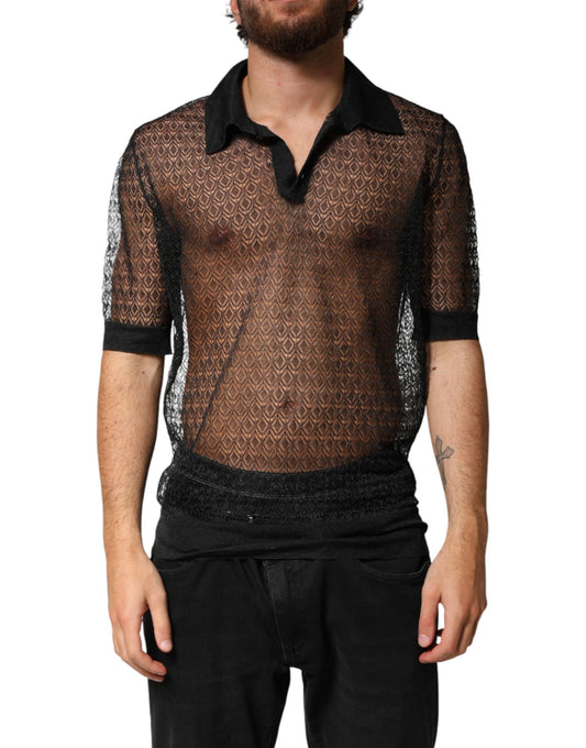 Black Sheer Short Sleeves Casual Polo Top