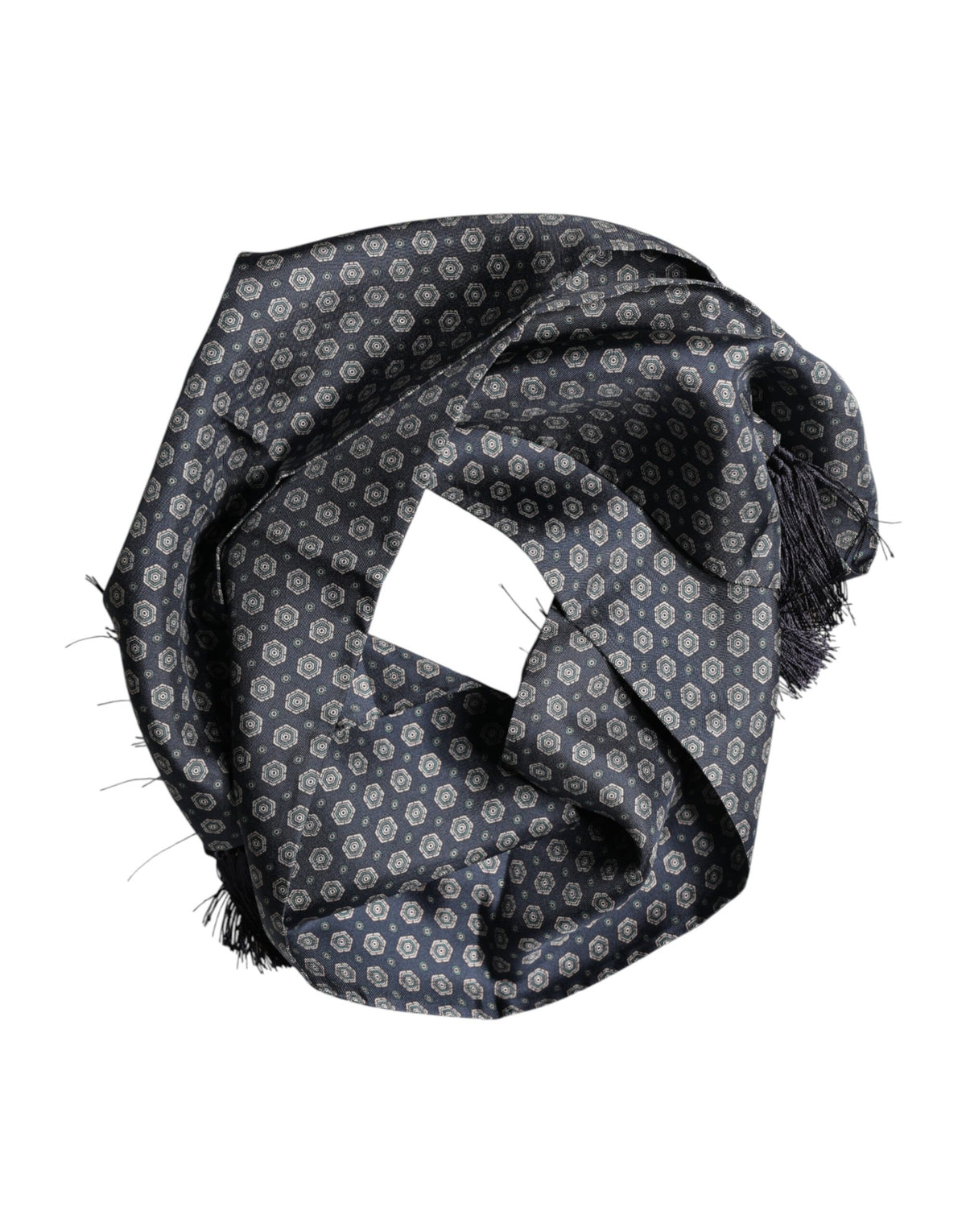 Blue Patterned Fringes Neck Foulard Scarf