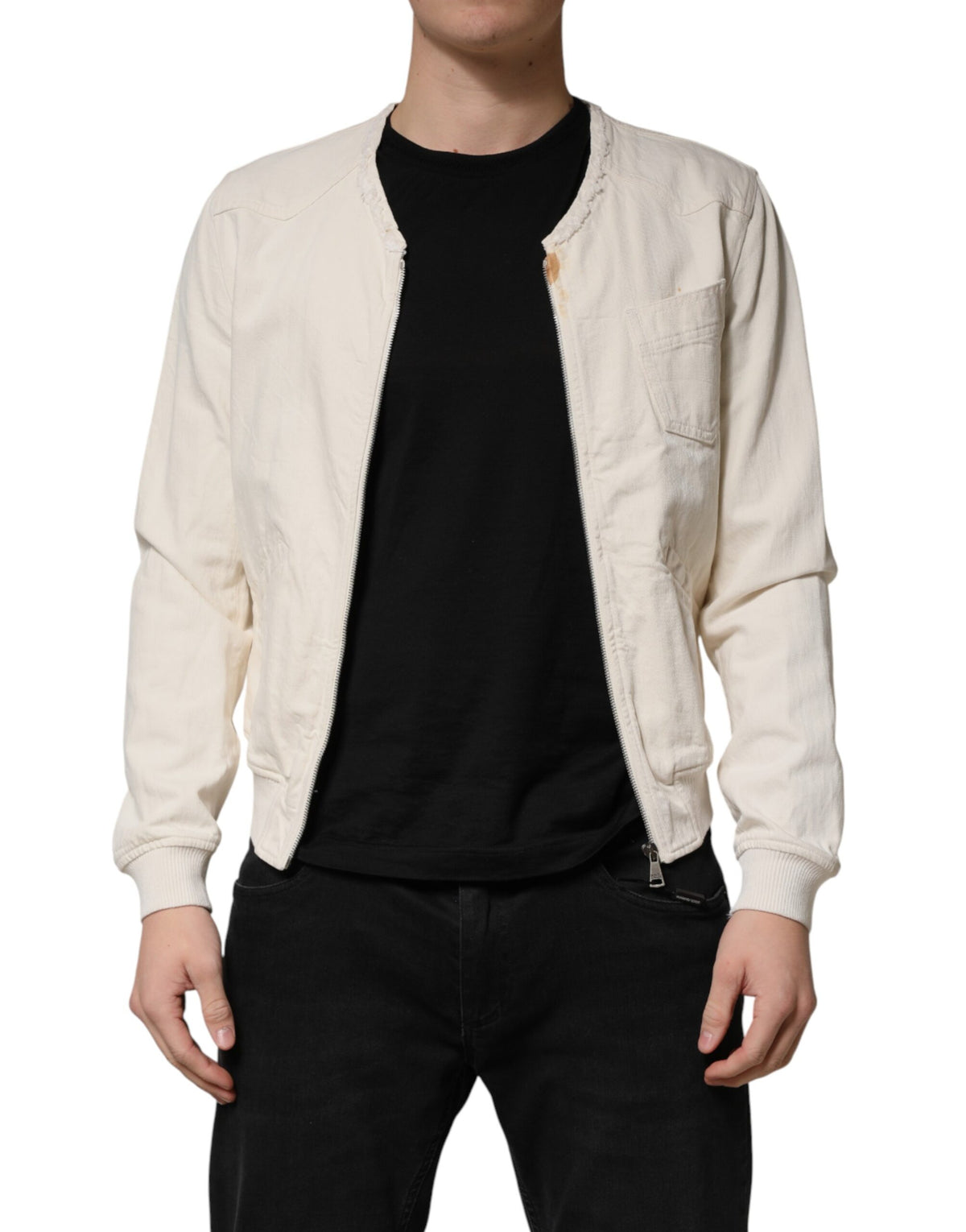 Off White Cotton Full Zip Denim Men Blouson Jacket