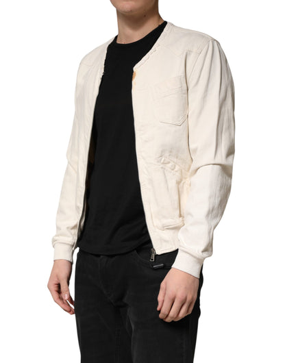 Off White Cotton Full Zip Denim Men Blouson Jacket