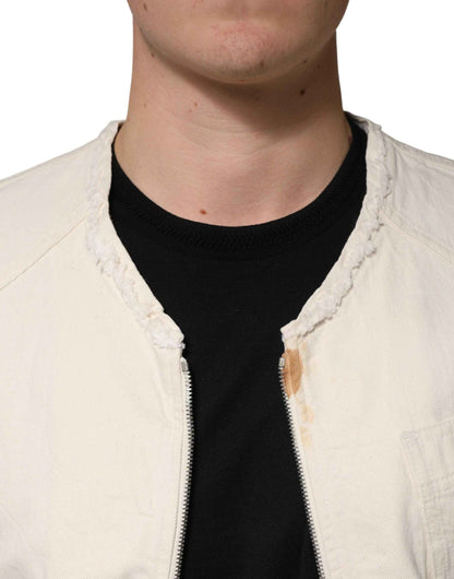 Off White Cotton Full Zip Denim Men Blouson Jacket