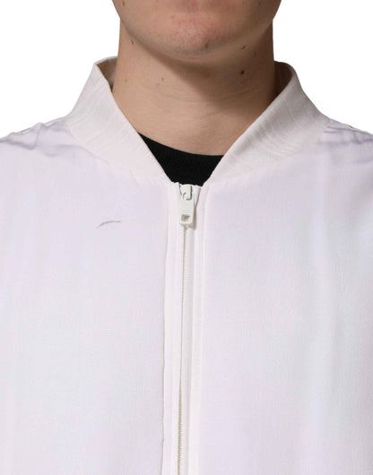 White Silk Full Zip Bomber Blouson Jacket