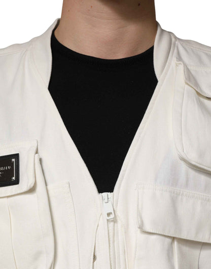 White Cotton Cargo Men Vest Coat Jacket