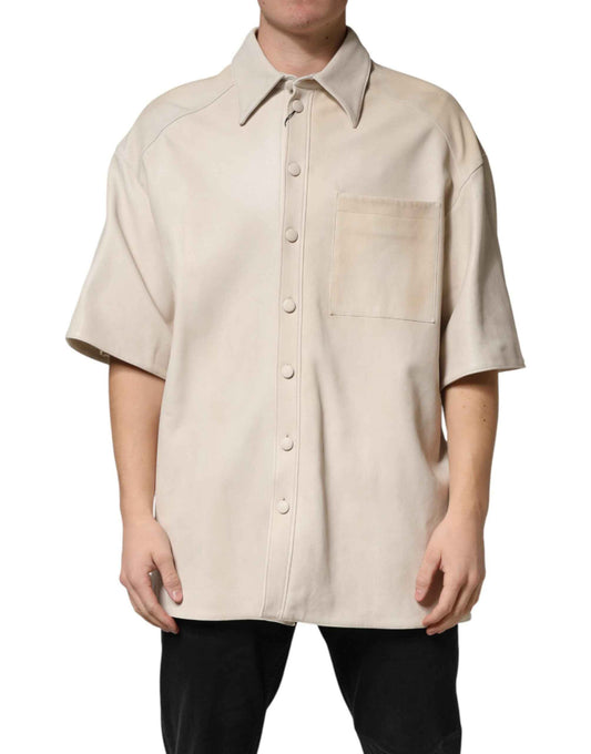 Beige Leather Button Down Men Casual Shirt