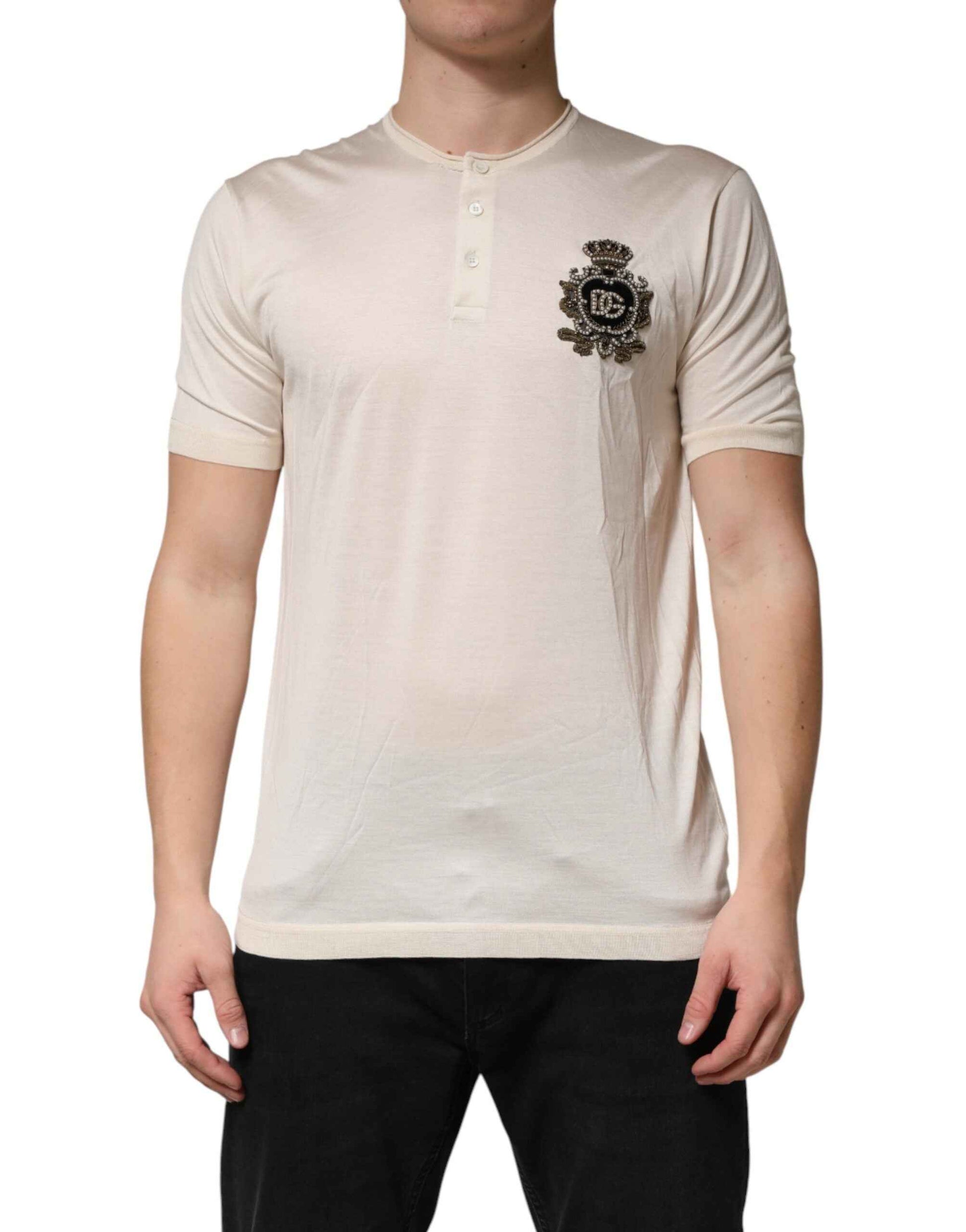 Off White Silk Logo Patch Men Henley T-shirt