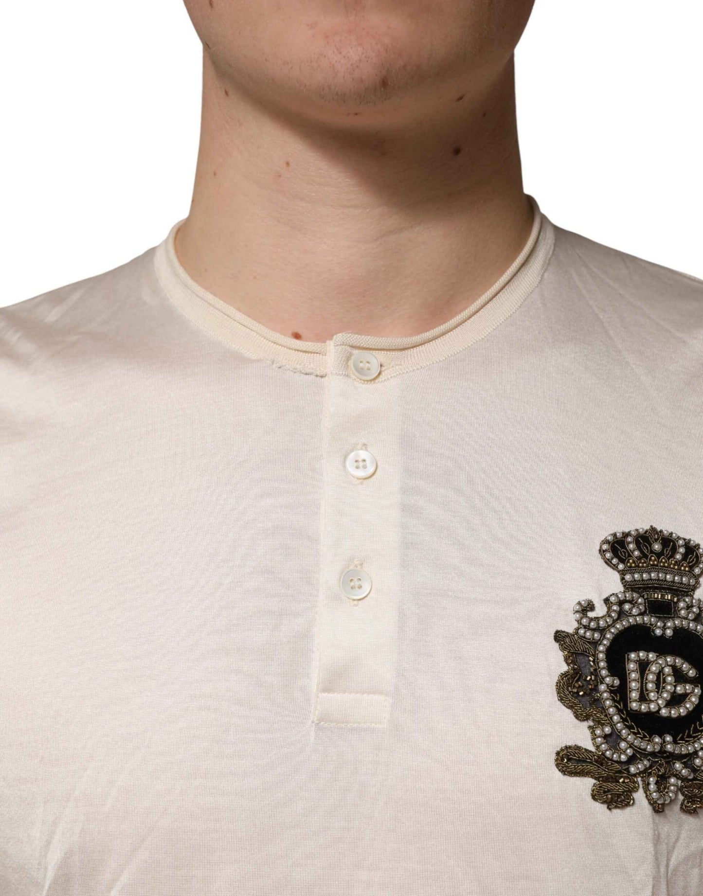 Off White Silk Logo Patch Men Henley T-shirt