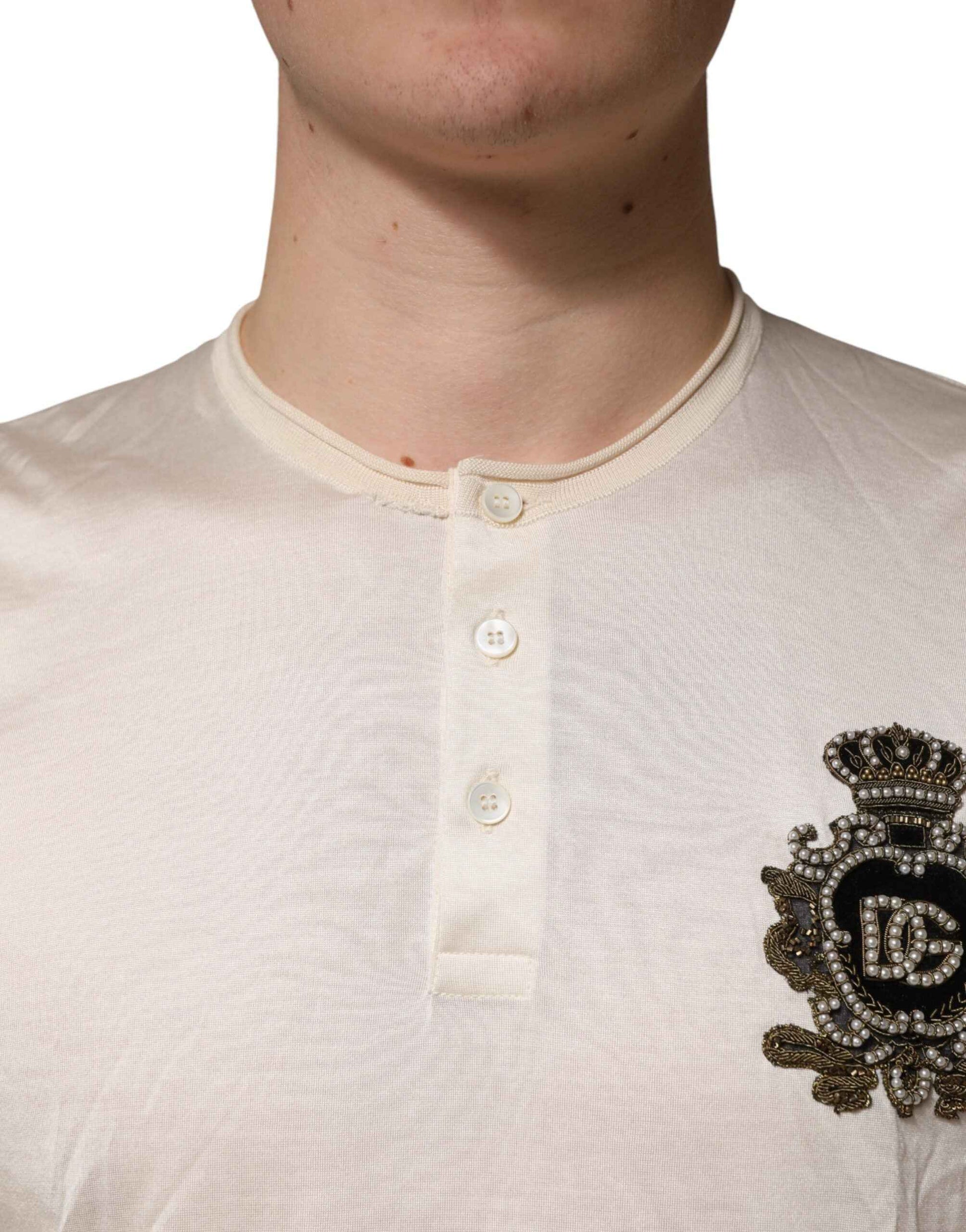Off White Silk Logo Patch Men Henley T-shirt