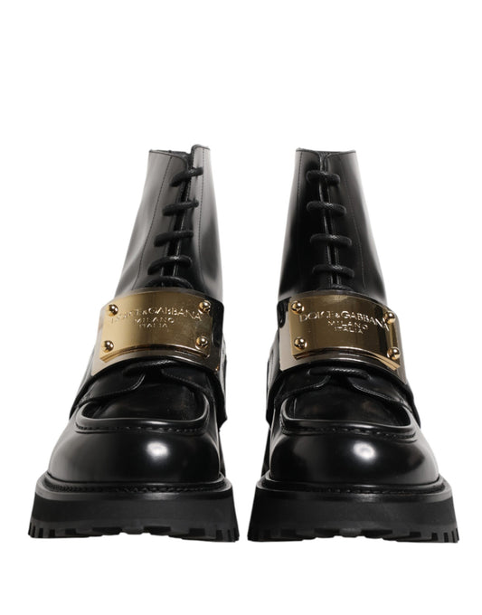Black Leather DG Plaque Lace Up Boots Shoes