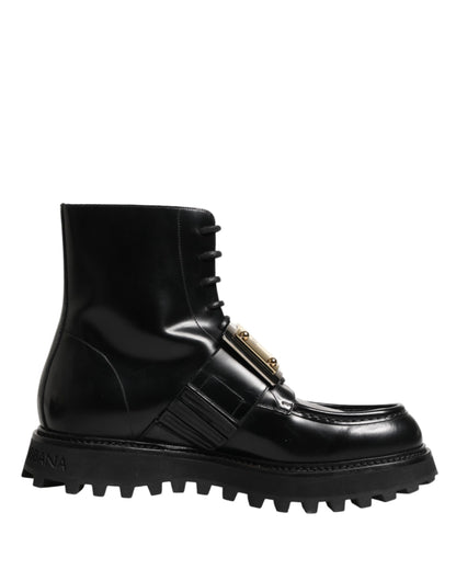 Black Leather DG Plaque Lace Up Boots Shoes