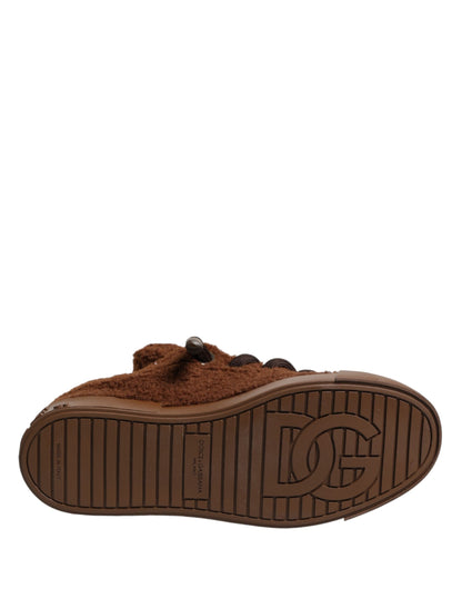 Brown Faux Shearling Low Top Sneakers Shoes