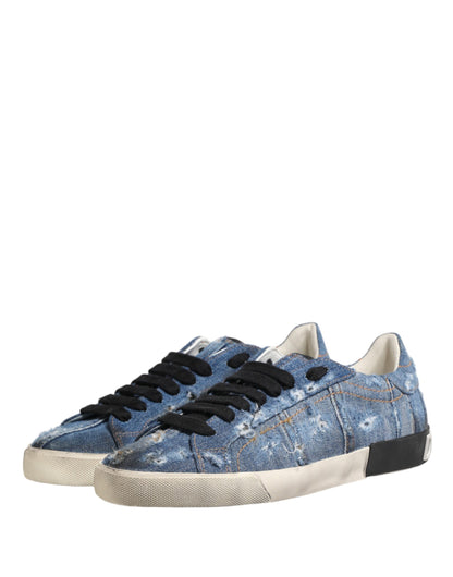 Blue Distressed Denim Low Top Sneakers Shoes