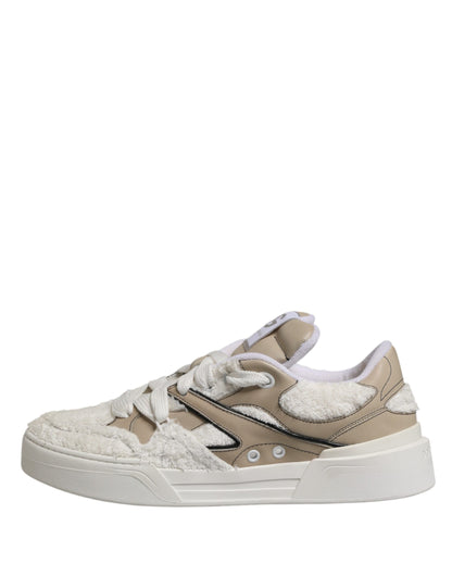 White Beige Faux Shearling Low Top Sneakers Shoes