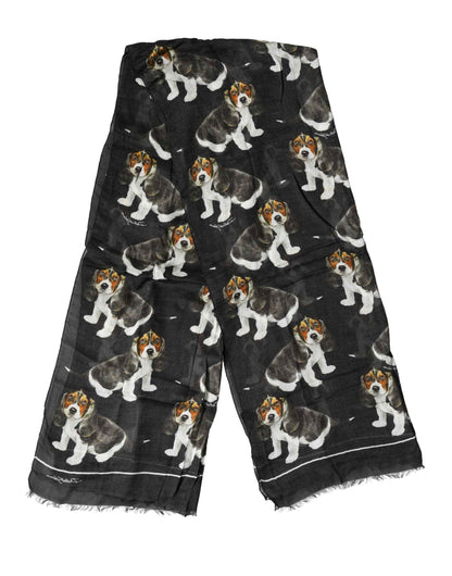 Black Modal Wool Dog Print Fringed 178cm x 64cm Scarf
