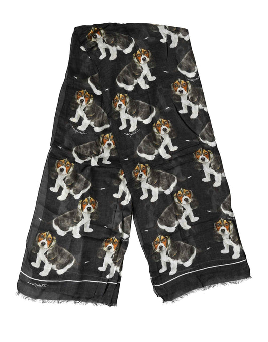 Black Modal Wool Dog Print Fringed 178cm x 64cm Scarf