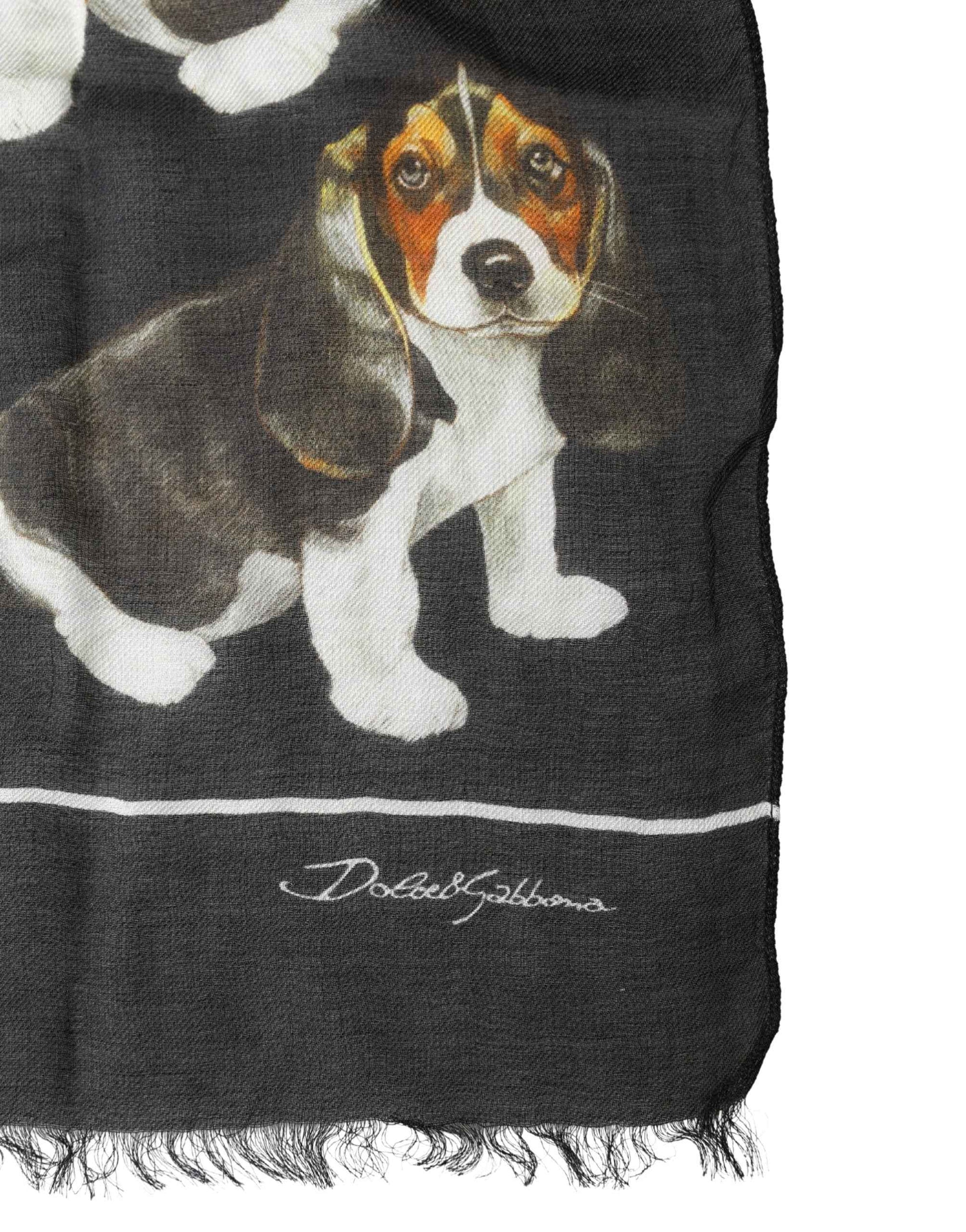 Black Modal Wool Dog Print Fringed 178cm x 64cm Scarf