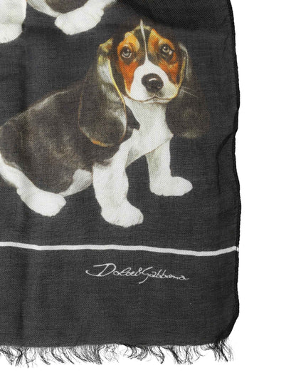 Black Modal Wool Dog Print Fringed 178cm x 64cm Scarf