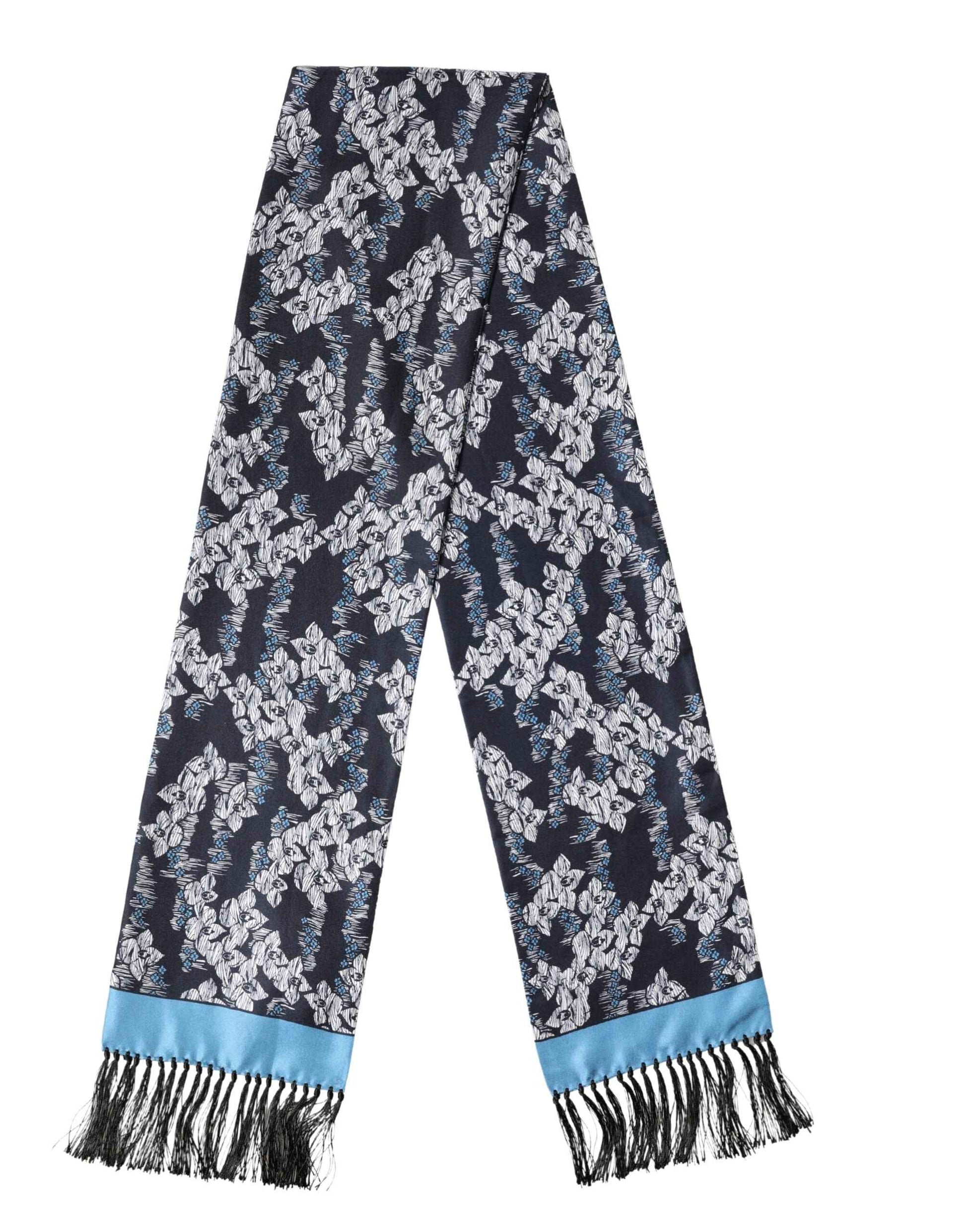 Black Blue Silk Floral Pattern Fringe 140cm x 16cm  Scarf