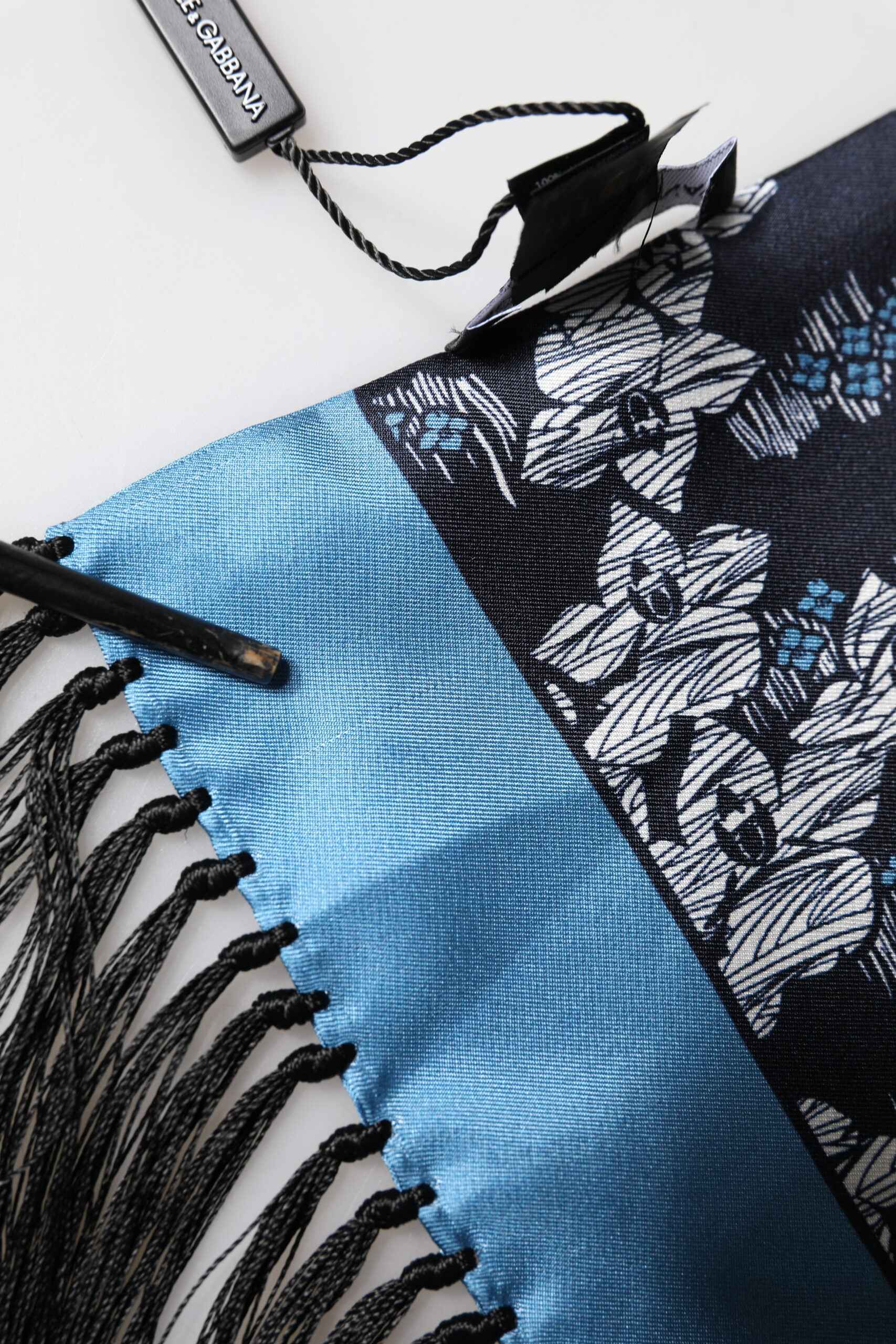 Black Blue Silk Floral Pattern Fringe 140cm x 16cm  Scarf