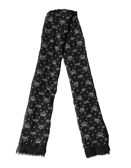 Black Wool Crown Print Fringe Neck Wrap 180cm x 65cm Scarf
