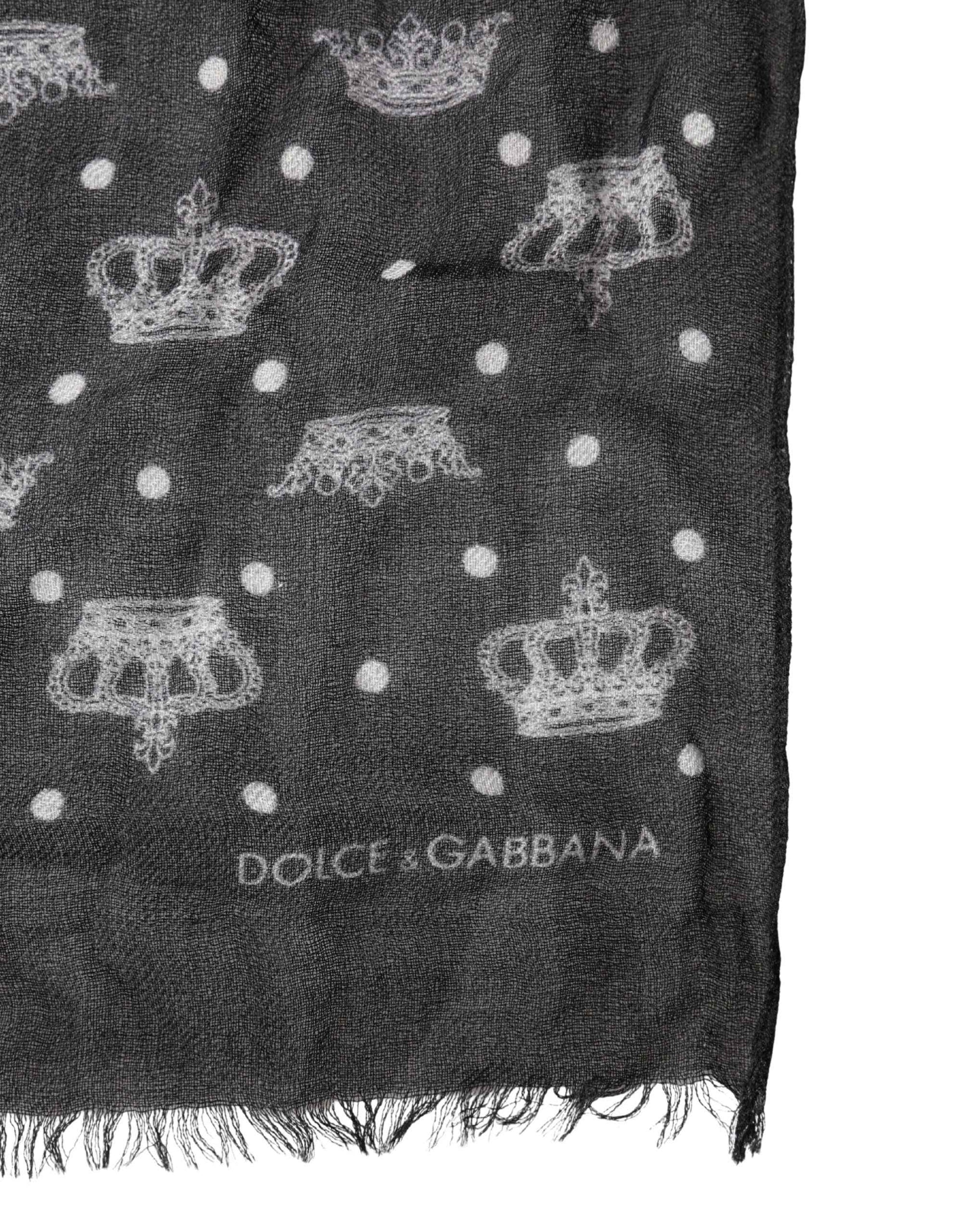 Black Wool Crown Print Fringe Neck Wrap 180cm x 65cm Scarf