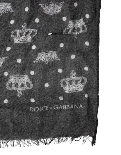 Black Wool Crown Print Fringe Neck Wrap 180cm x 65cm Scarf