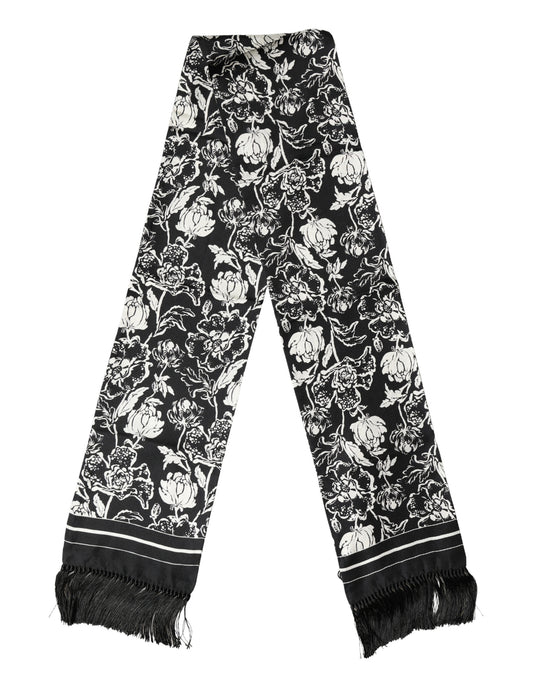 Black White Silk Floral Print Fringe 136cm X 15.5cm  Scarf
