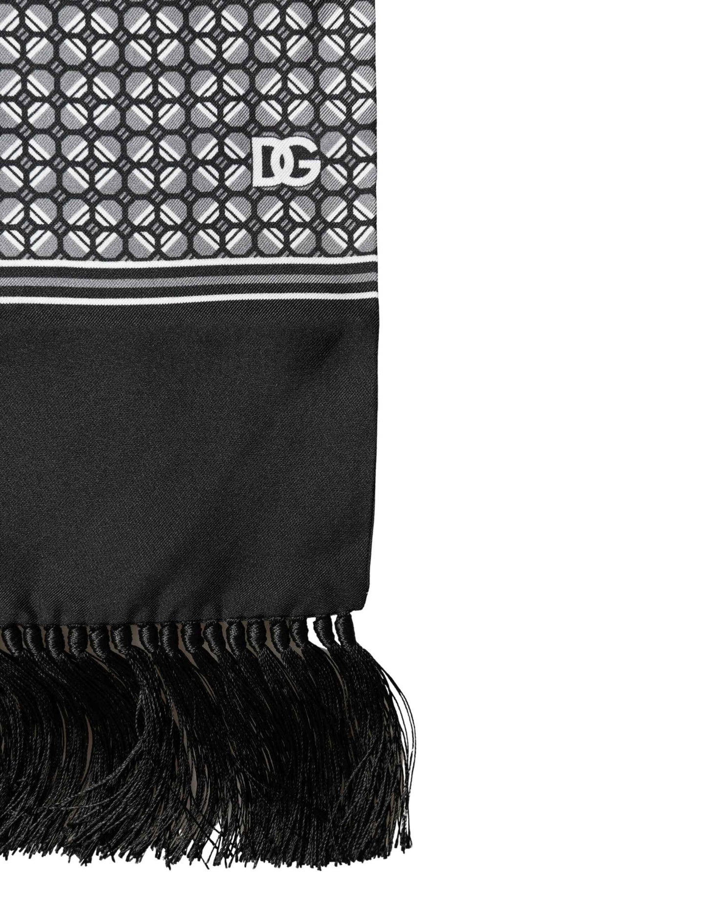 Black Silk Geometric Fringed Foulard 140cm x 15cm Scarf