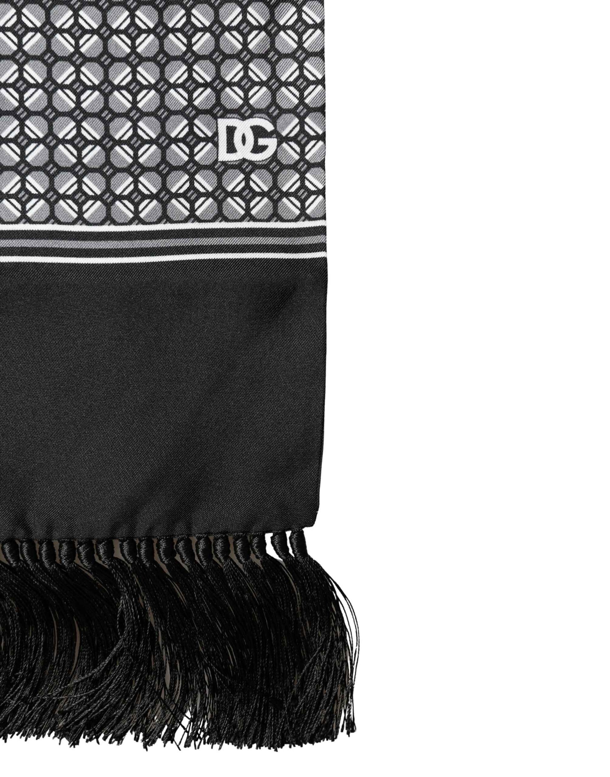 Black Silk Geometric Fringed Foulard 140cm x 15cm Scarf