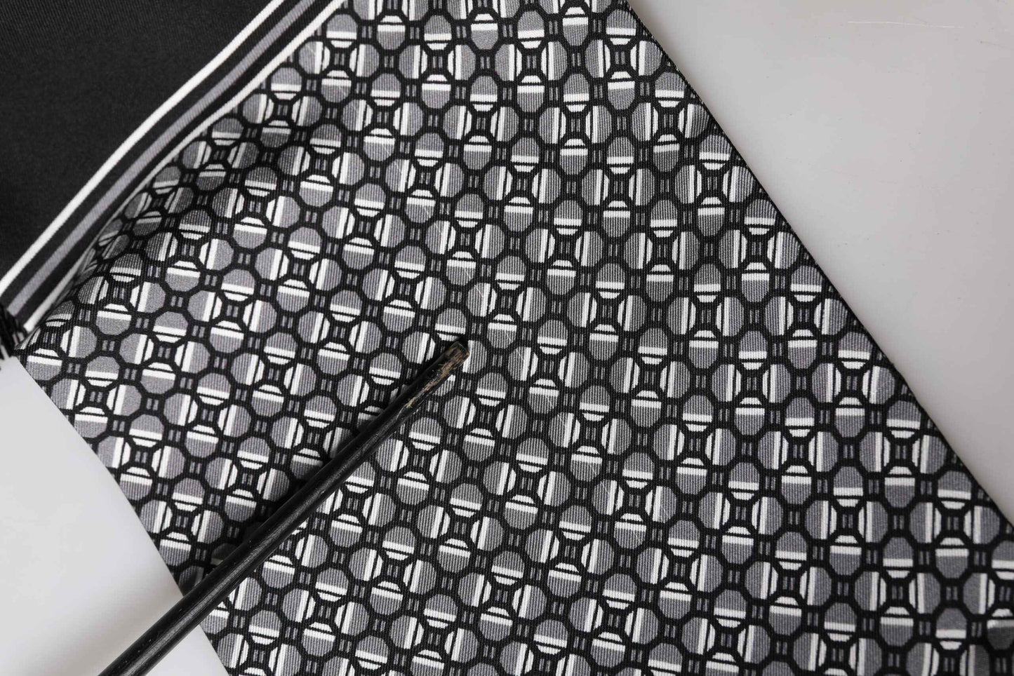 Black Silk Geometric Fringed Foulard 140cm x 15cm Scarf