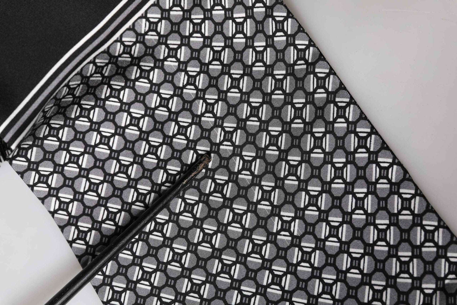 Black Silk Geometric Fringed Foulard 140cm x 15cm Scarf