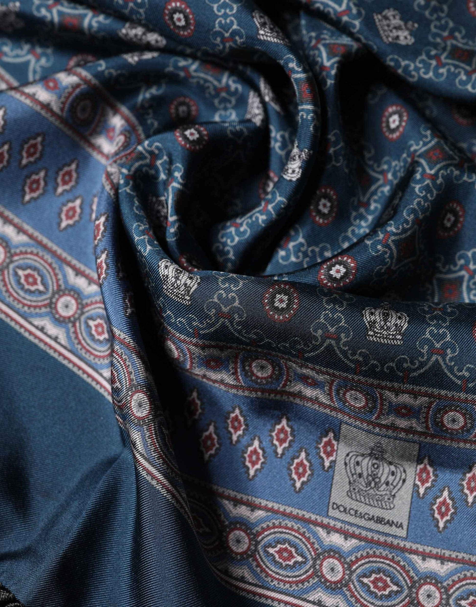 Blue Silk Crown Geometric Wrap Foulard 184cm X 33cm Scarf