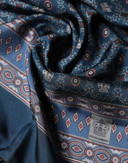 Blue Silk Crown Geometric Wrap Foulard 184cm X 33cm Scarf