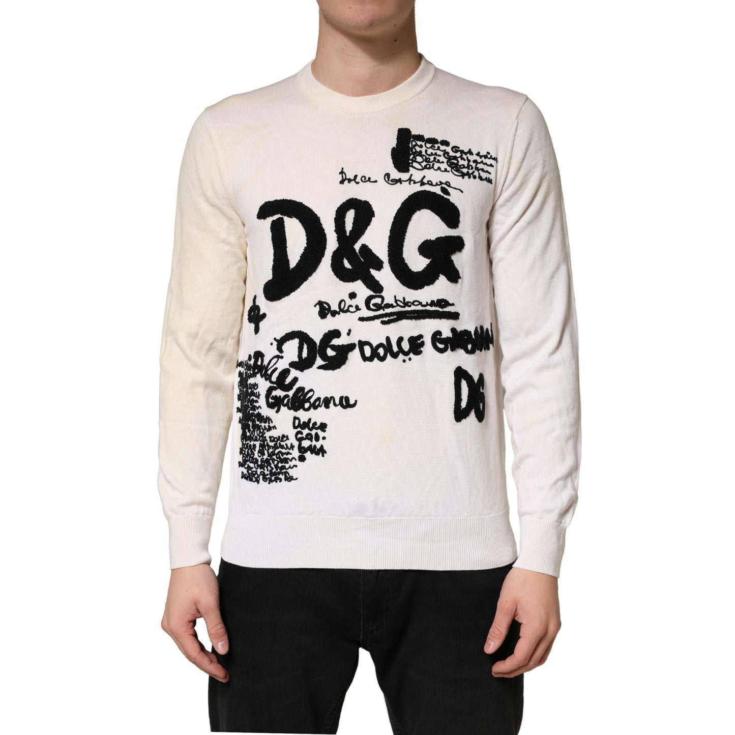 White Virgin Wool Graphic Logo Crewneck Sweater