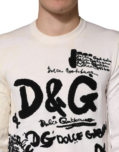White Virgin Wool Graphic Logo Crewneck Sweater