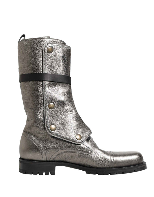 Metallic Leather Buckle Combat Boots Shoes